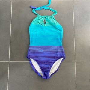 Blue one piece halter tie swimsuit with shape wear